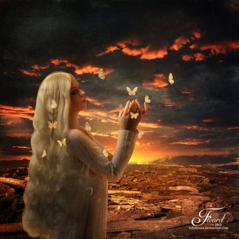 Woman with Butterflies — Orange, Dramatic, Sunset