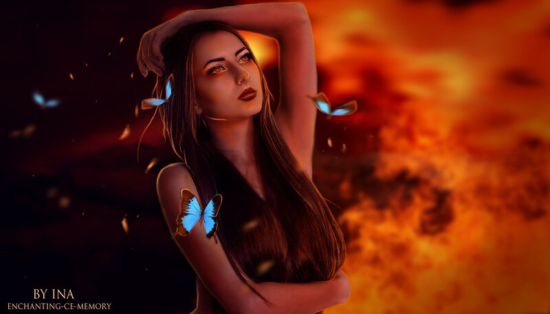 Woman with Butterflies — Orange, Dramatic