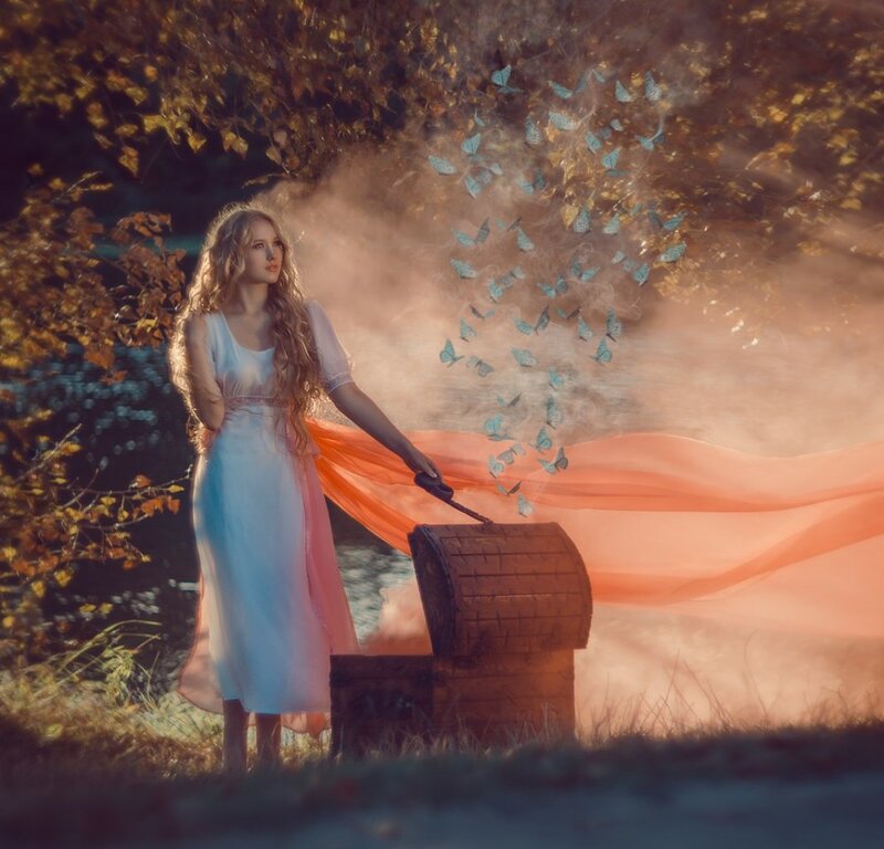Woman with Butterflies — Orange, Dreamy