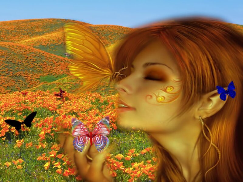 Woman with Butterflies — Orange, Serene
