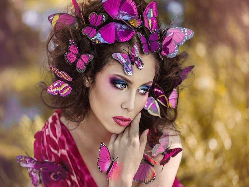 Woman with Butterflies — Pink, Dramatic, Photograph, Makeup
