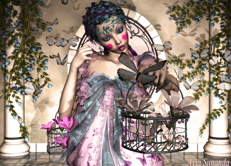 Woman with Butterflies — Pink, Dreamy, Digital Art