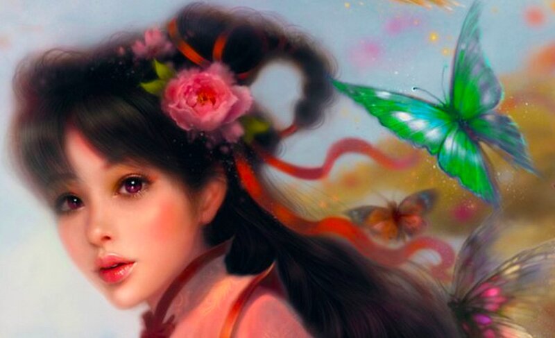 Woman with Butterflies — Pink, Serene, Digital Art, Flower