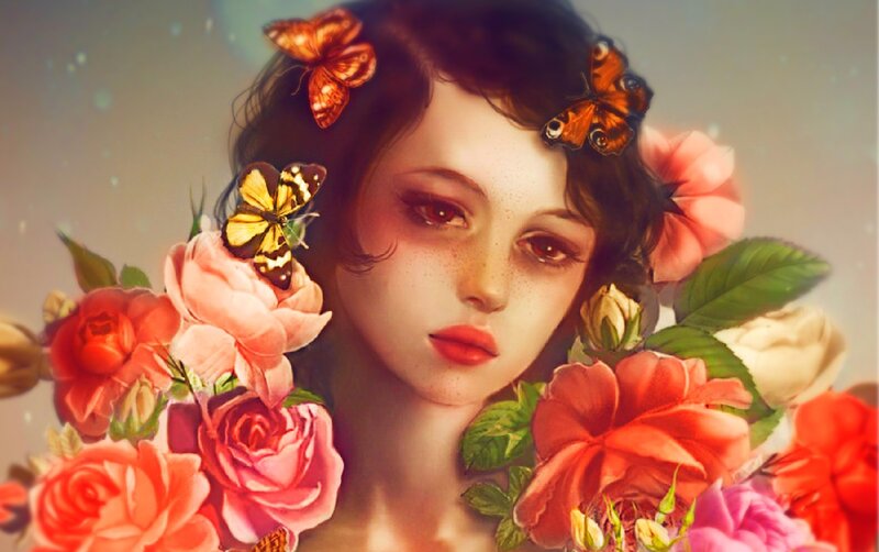 Woman with Butterflies — Pink, Serene, Digital Art, Roses