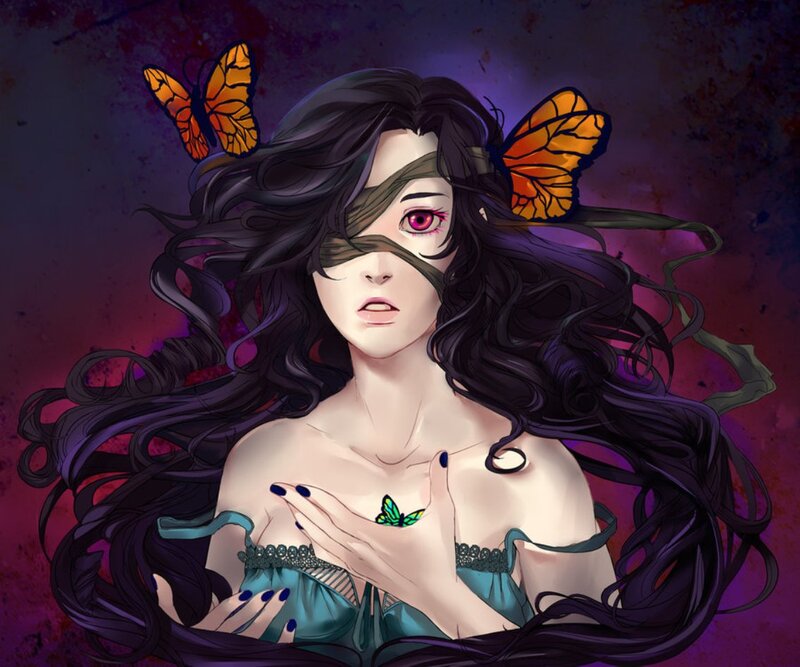 Woman with Butterflies — Purple, Dramatic, Night
