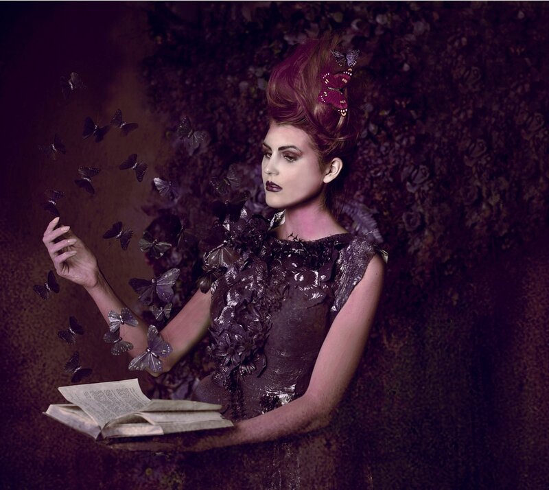 Woman with Butterflies — Purple, Dramatic, Photograph