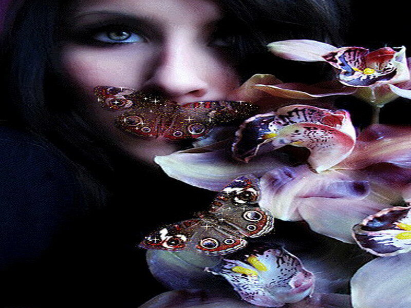 Woman with Butterflies — Purple, Dreamy, Digital Art, Flowers, Eyes