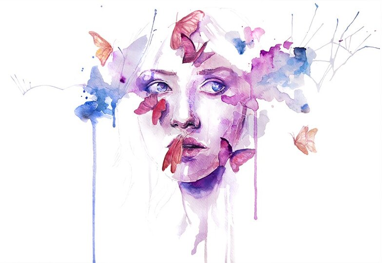 Woman with Butterflies — Purple, Dreamy, Illustration
