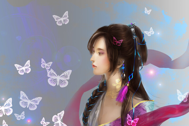 Woman with Butterflies — Purple, Serene, Digital Art