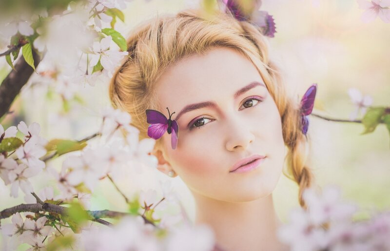 Woman with Butterflies — Purple, Serene, Spring, Photograph