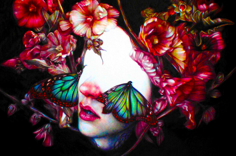 Woman with Butterflies — Red, Dramatic, Digital Art