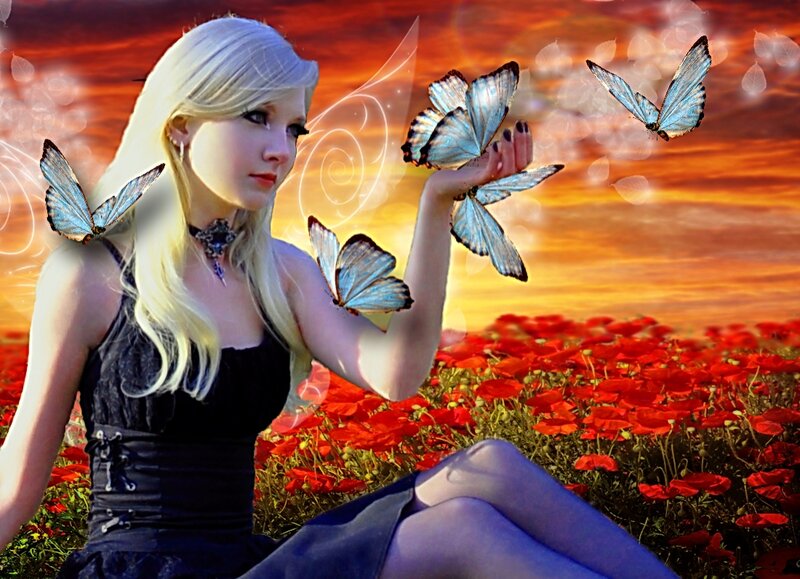 Woman with Butterflies — Red, Dramatic