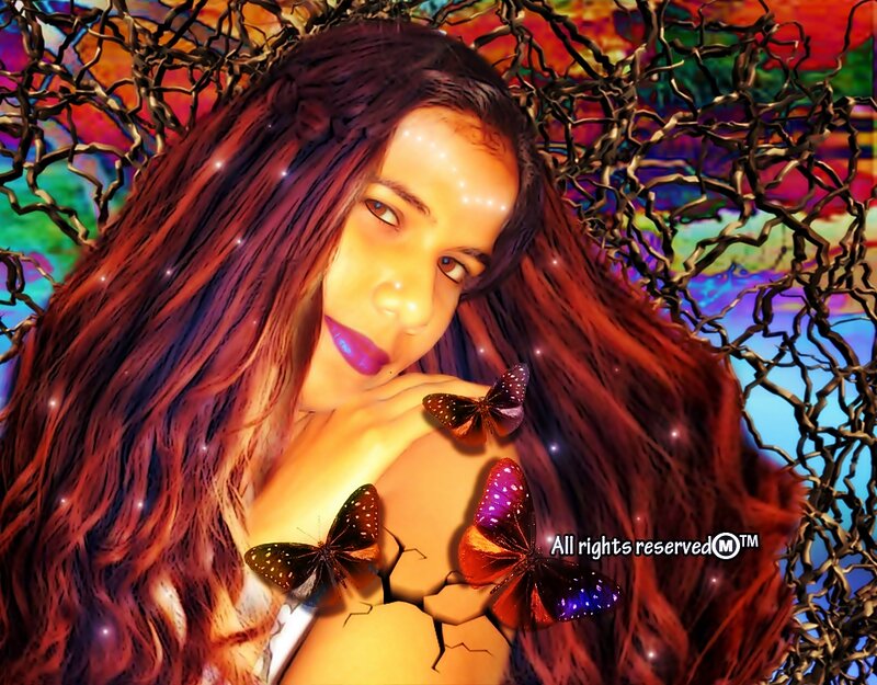 Woman with Butterflies — Red, Dreamy, Digital Art, Twisted Branches
