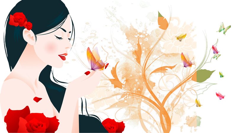 Woman with Butterflies — Red, Serene, Digital Art, Roses