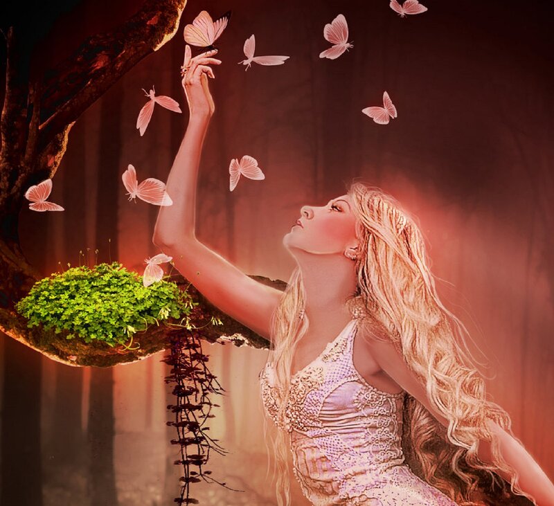 Woman with Butterflies — Red, Serene, Night