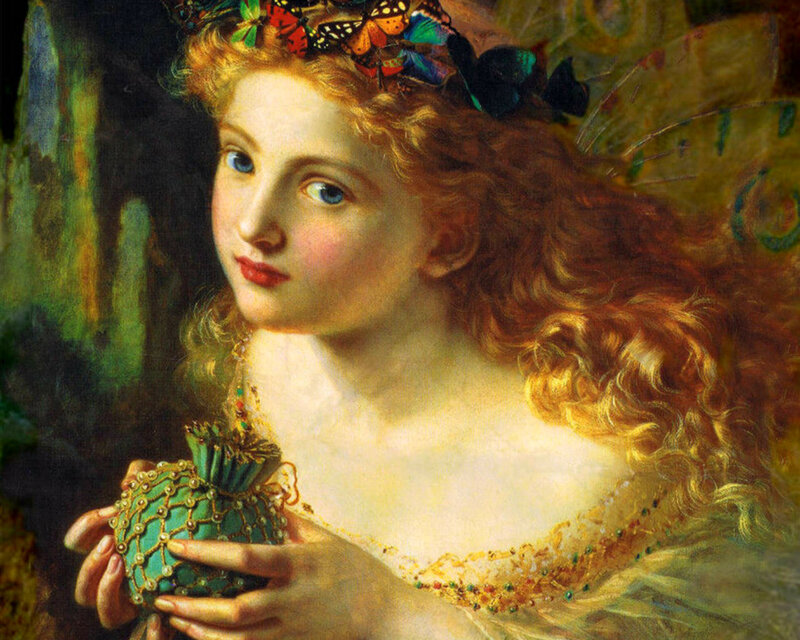 Woman with Butterflies — Red, Serene, Painting