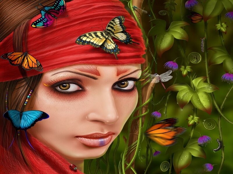 Woman with Butterflies — Red, Serene
