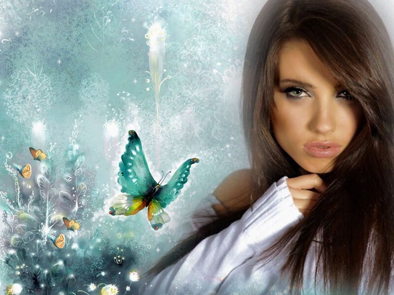 Woman with Butterflies — Teal, Dreamy