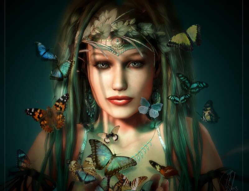 Woman with Butterflies — Teal, Serene