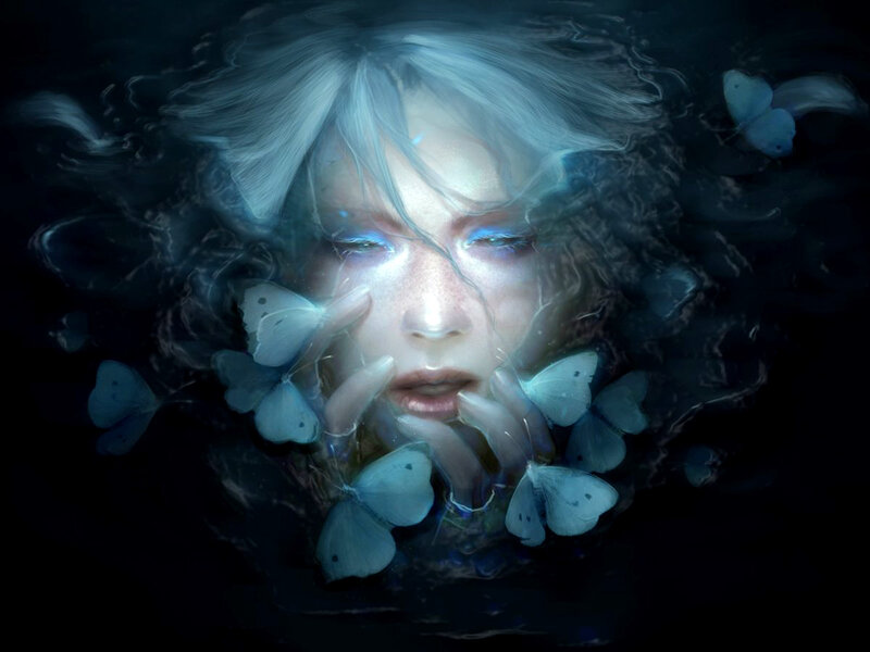 woman with butterflies underwater