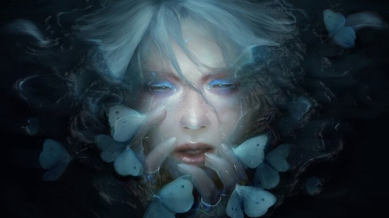 woman with butterflies underwater