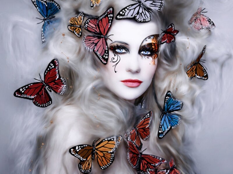 Woman with Butterflies — White, Dramatic, Digital Art, Makeup
