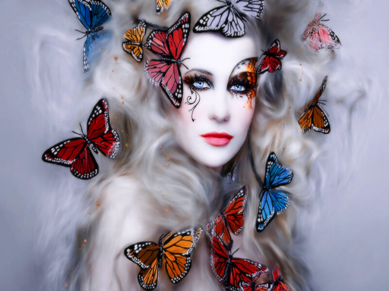 Woman with Butterflies — White, Dramatic, Digital Art