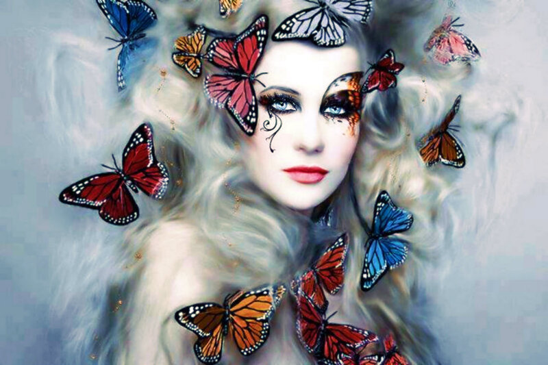 Woman with Butterflies — White, Dreamy, Digital Art, Makeup