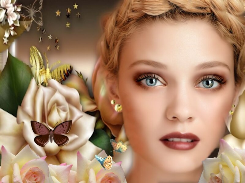 Woman with Butterflies — White, Dreamy, Digital Art, Roses