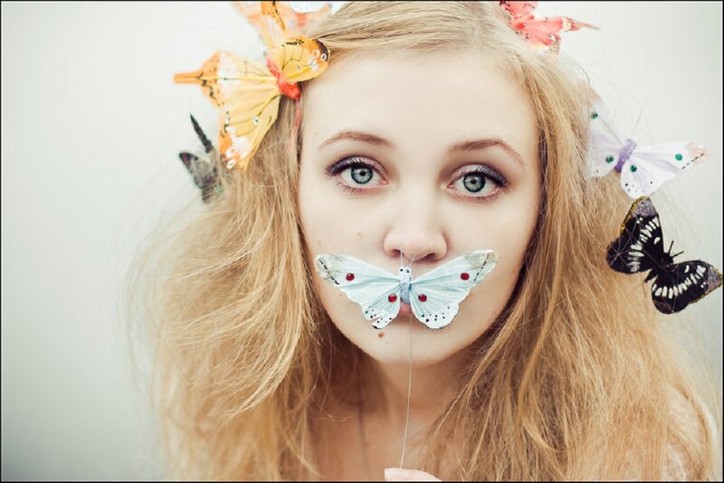 Woman with Butterflies — White, Dreamy