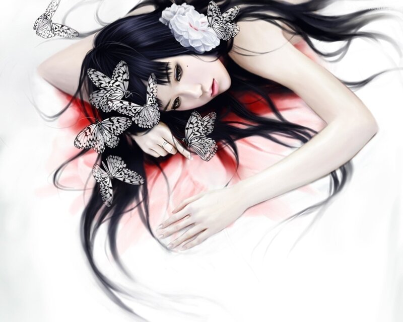 Woman with Butterflies — White, Serene, Digital Art, Flower