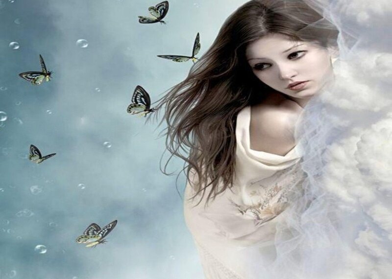 Woman with Butterflies — White, Serene, Digital Art, Veil