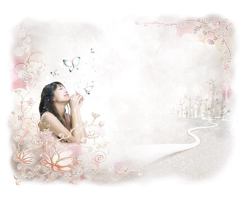 Woman with Butterflies — White, Serene, Illustration, Flowers