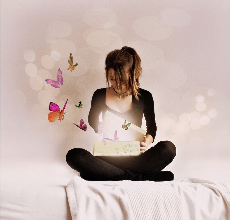 Woman with Butterflies — White, Serene, Photograph, Box
