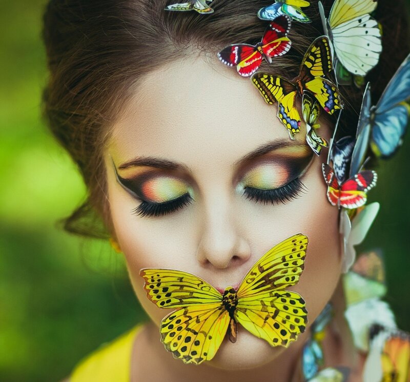 Woman with Butterflies — Yellow, Dreamy, Photograph, Makeup