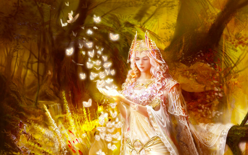 Woman with Butterflies — Yellow, Serene, Afternoon, Digital Art