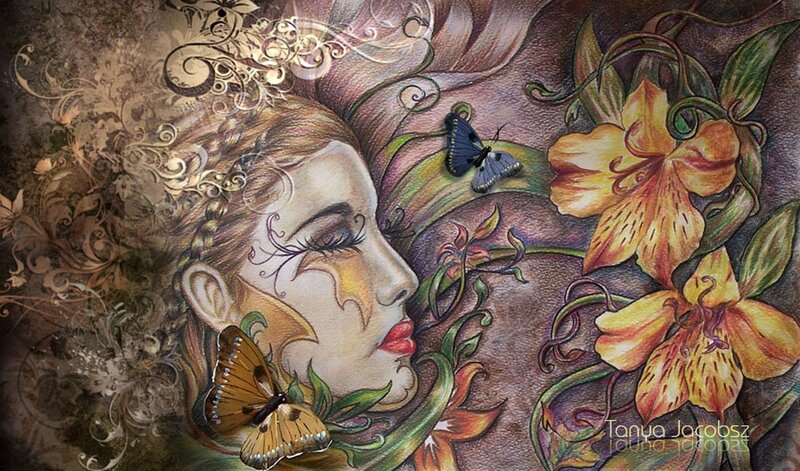 Woman with Butterflies — Yellow, Serene, Digital Art