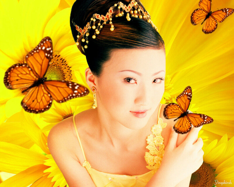 Woman with Butterflies — Yellow, Serene, Photograph