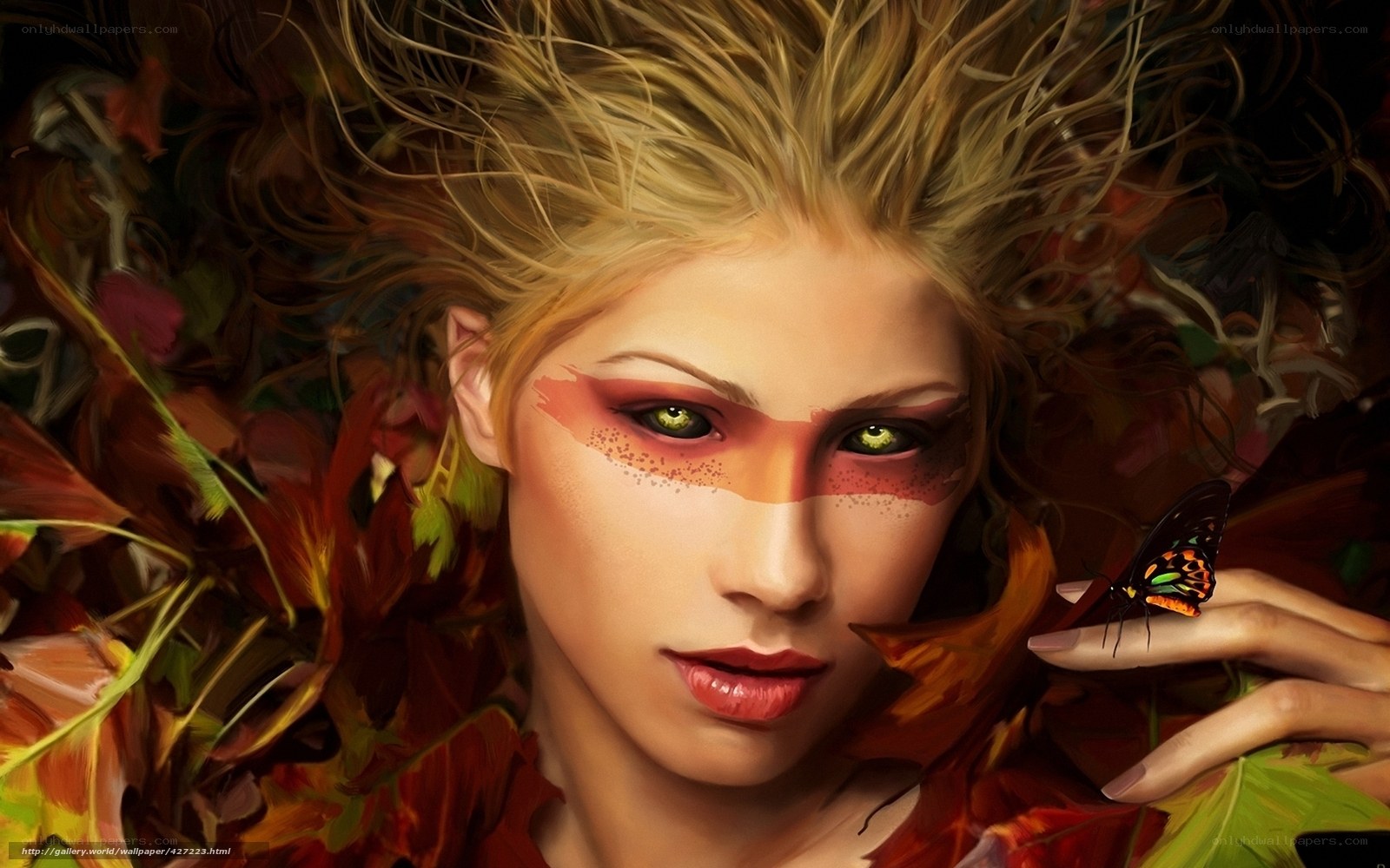 woman with butterfly and autumn leaves