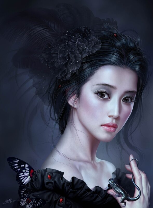 woman with butterfly and lizard