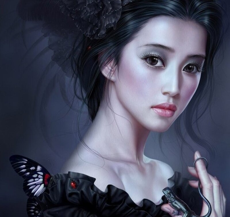 woman with butterfly and lizard