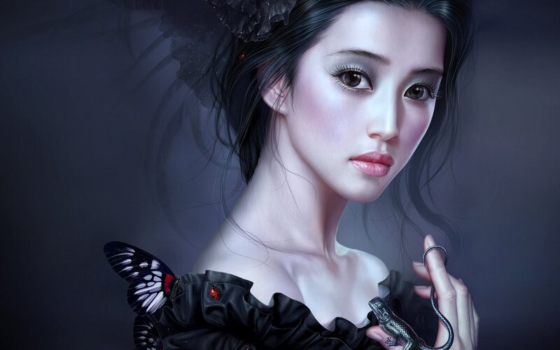 Woman with Butterfly and Lizard — Black, Dramatic, Digital Art, Black Dress