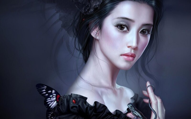 Woman with Butterfly and Lizard — Black, Dramatic, Digital Art