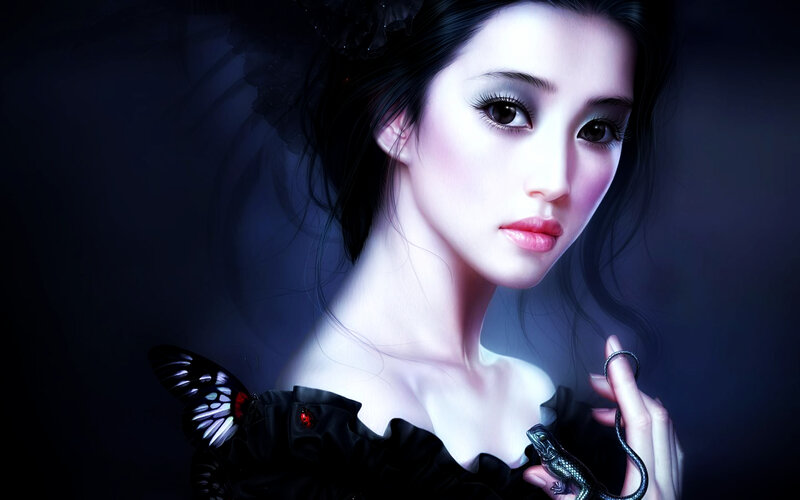 Woman with Butterfly and Lizard — Black, Dramatic, Night