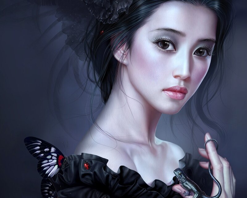 Woman with Butterfly and Lizard — Black, Dramatic