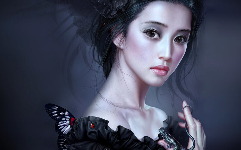 woman with butterfly and lizard