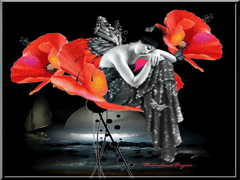 woman with butterfly and poppies