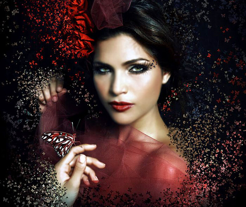woman with butterfly and red flowers