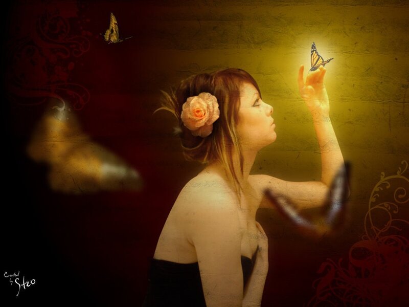 woman with butterfly and rose