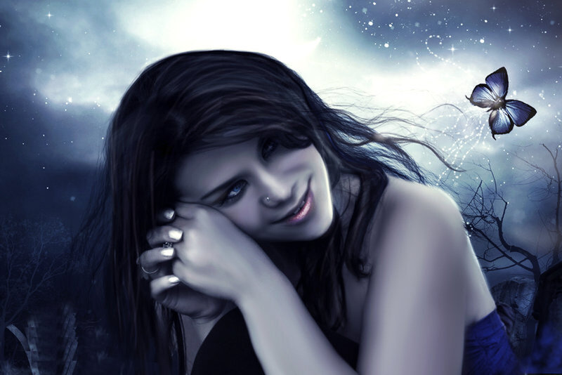 woman with butterfly at night